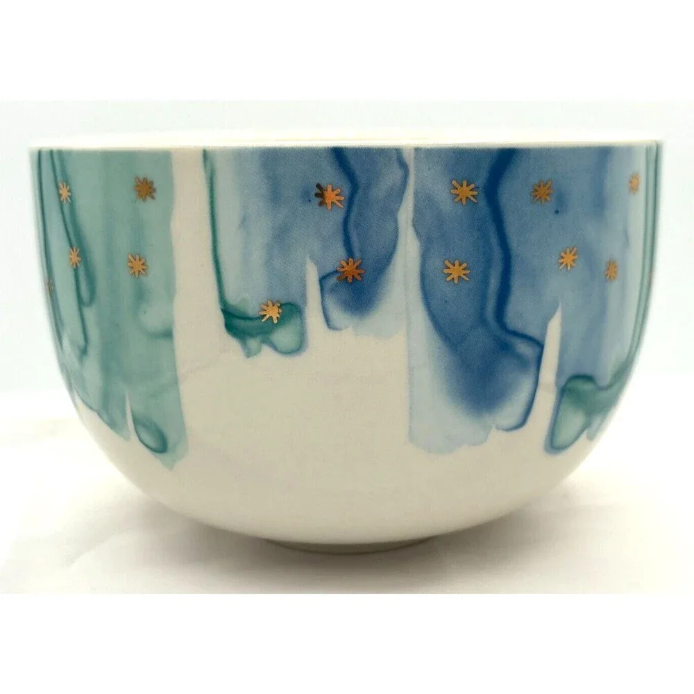 Anthropologie‎ Night Sky Bowl Stoneware Blue Teal Drip Watercolor Wash Gold Star